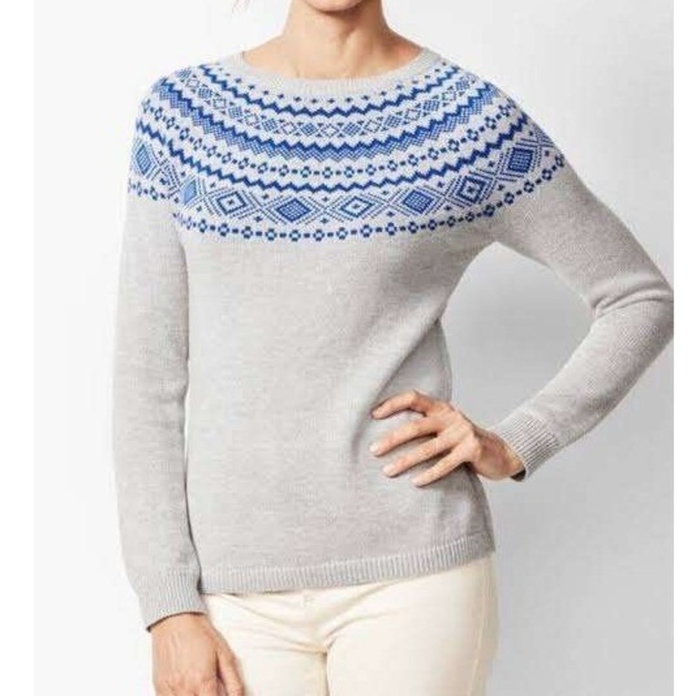 Talbots Petites Fair Isle Yoke Sweater Grey Blue Cotton Blend Crew Neck Women Mp